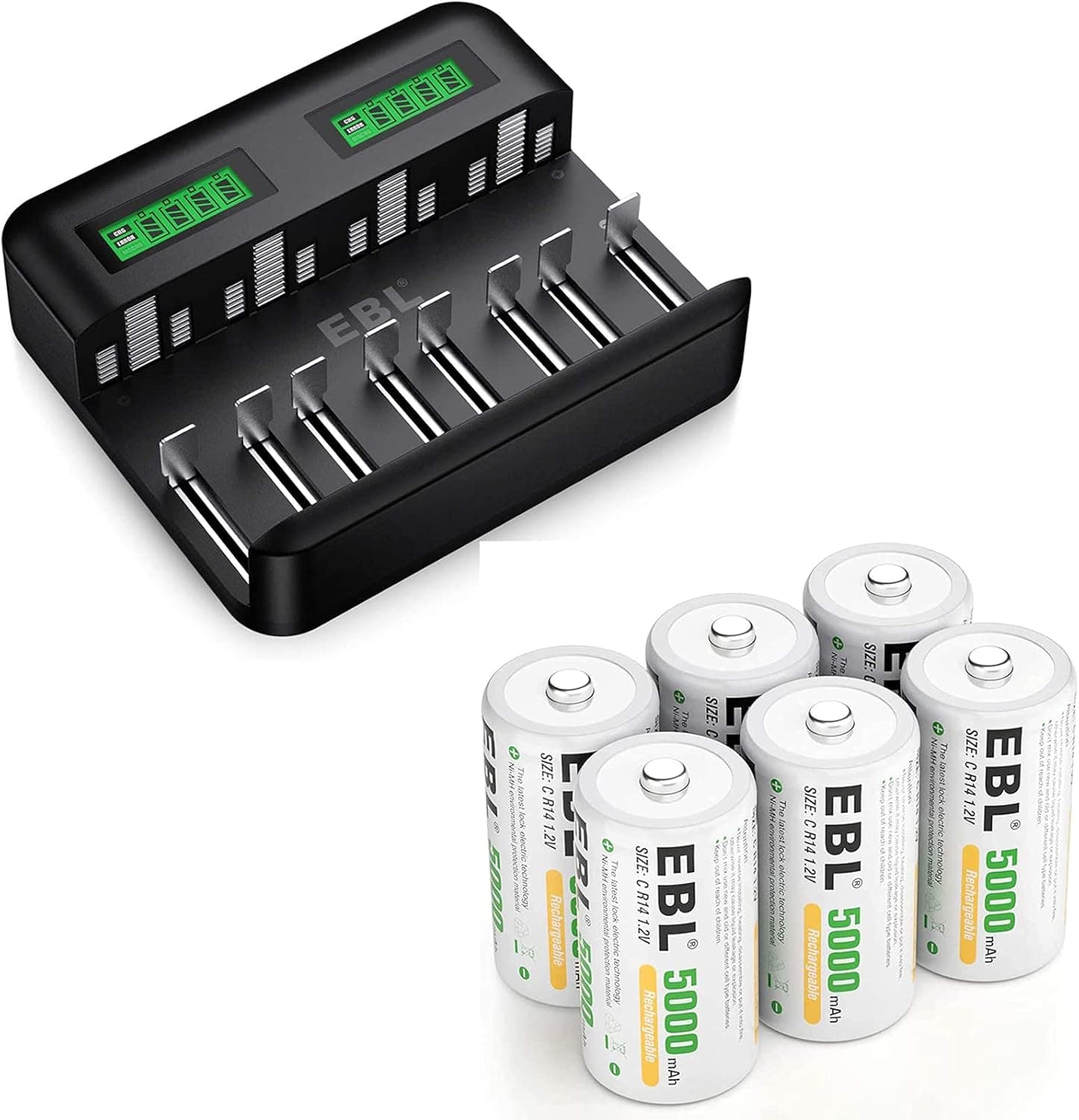 EBL LCD Universal Battery Charger - 8 Bay AA AAA C D Battery Charger for Rechargeable Batteries Ni-MH AA AAA C D Batteries with C Rechargeable Batteries 6 Pack