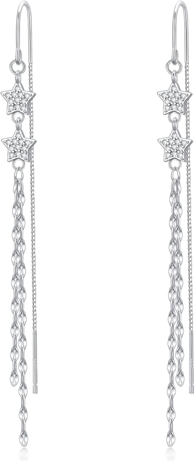 925 Sterling Silver Threader Earrings with Cubic Zirconia Daisy Flower Teardrop Love Knot Linear Star Mermaid Tail Leaf Tassel Dangle Drop Charm Earrings Pearl Stud Earrings Jewelry for Women