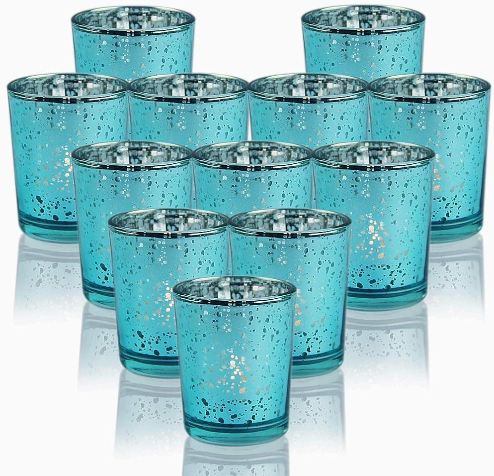 SHMILMH Aqua Blue Votive Candle Holders, Set of 12 Mercury Glass Tealight Candle Holders Bulk with Speckled for Wedding Centerpieces, Home Decor