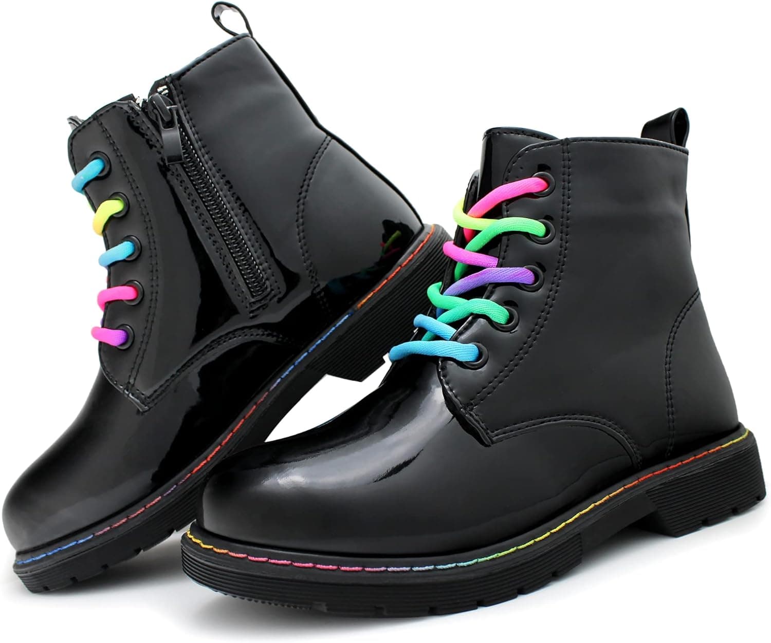 Hawkwell Girls Boys Patent Combat Work Boots Side Zipper Ankle Boots(Toddler/Little Kid/Big Kid/Youth)