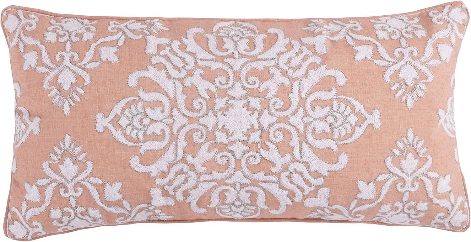 Levtex Home Darcy Embroidered Coral Silver Stitch Pillow, Floral, Coral