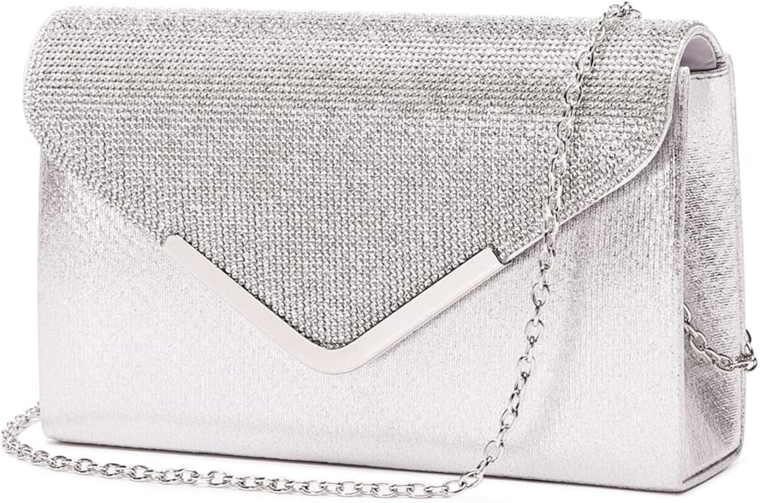 LAM GALLERY Bling Crystal Evening Clutch Chain Crossbody Bag Sparkle Silver Bridal Purse for Wedding Cocktail Party