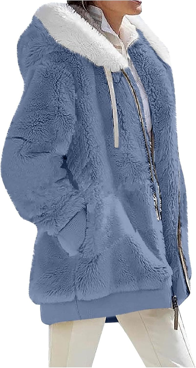 Winter Coats for Women 2022 Warm Lightweight Fleece Plush Zipper Hooded Jacket Comfy Wool Coats with Pockets