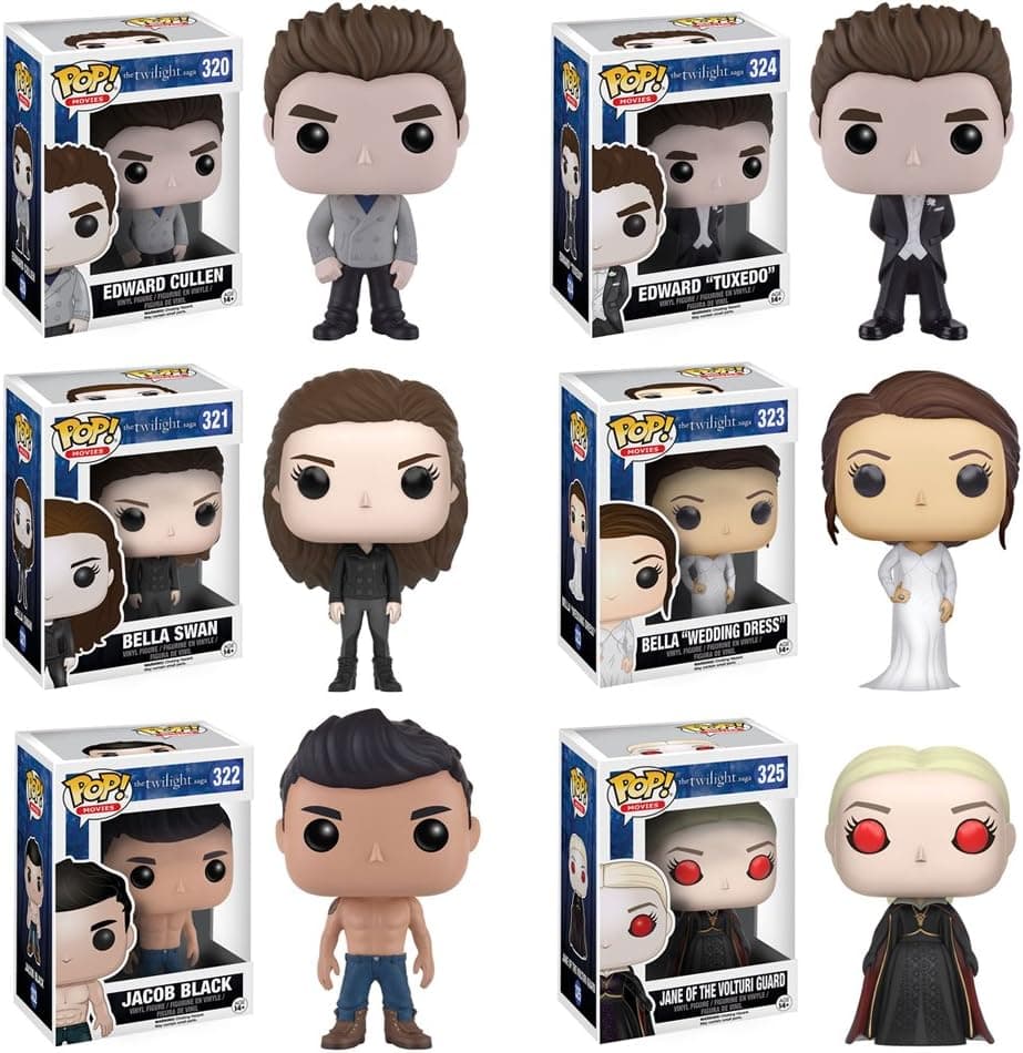 Twilight Jane Volturi, Edward Cullen, Edward Cullen Tuxedo, Vampire Bella Swan, Bella Wedding Dress, Jacob Shirtless Vinyl Figures! Set of 6