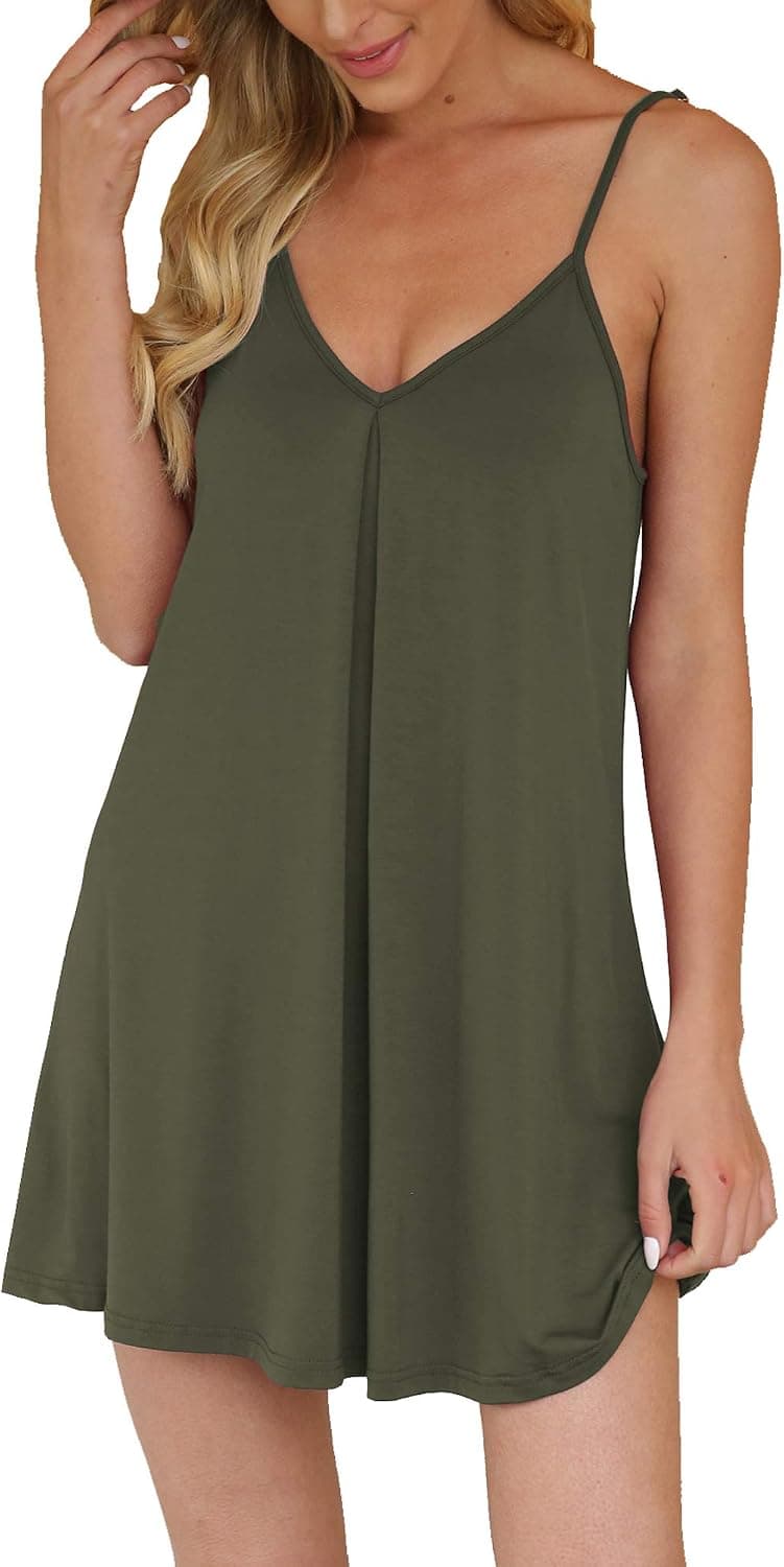 AUHEGN Nightgown for Women Loose Sleepwear V Neck Pajama Dress Soft Nightshirt Sleeveless Nightdress Chemise