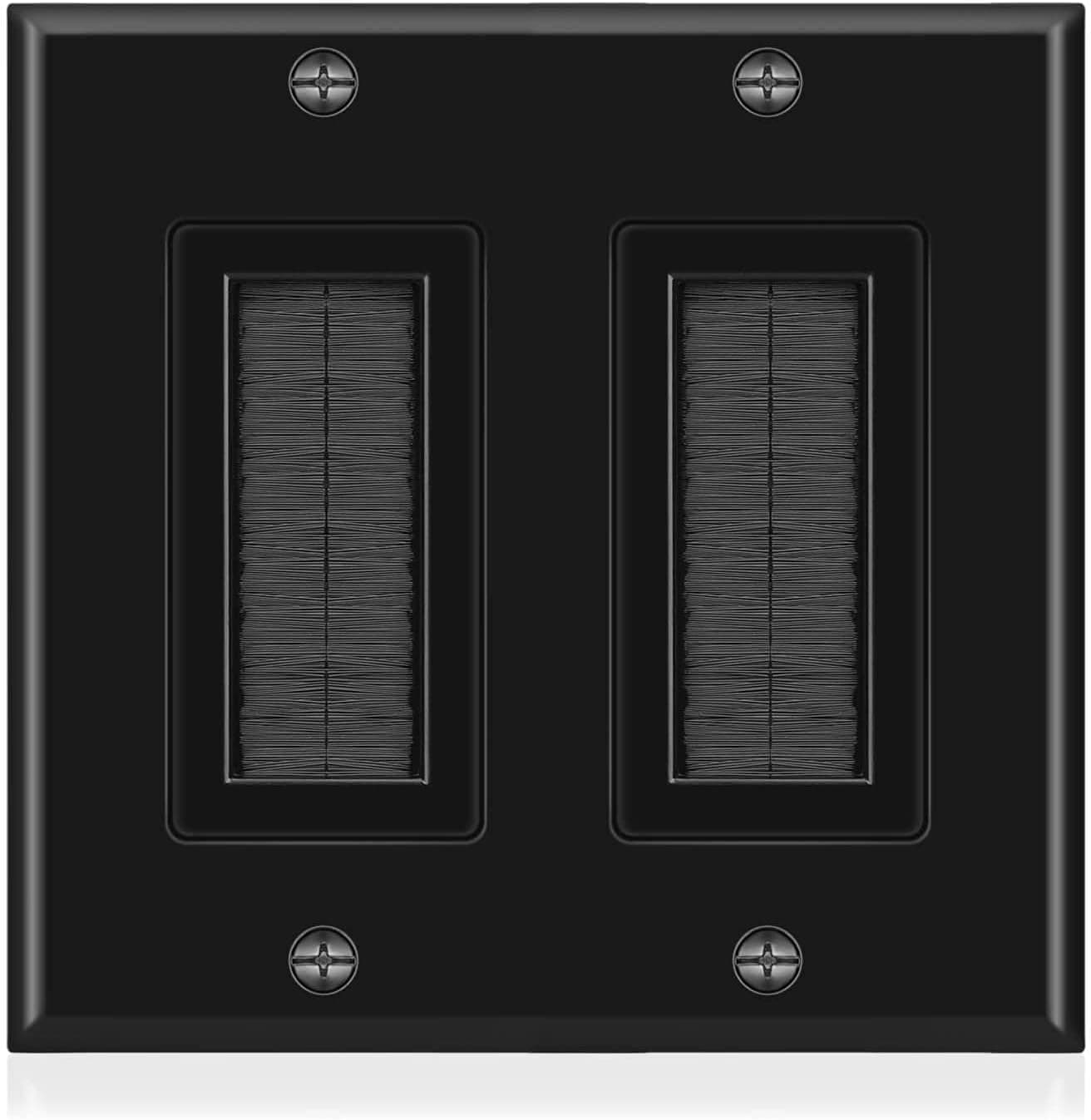 Double 2 Gang Black Wall Plate Black Brush Style Opening Pass through Low Voltage Cable Plate In-Wall Installation for Cable, TV, Speaker Wires, Coaxial Cables, HDMI Cables, Network and Security Wires