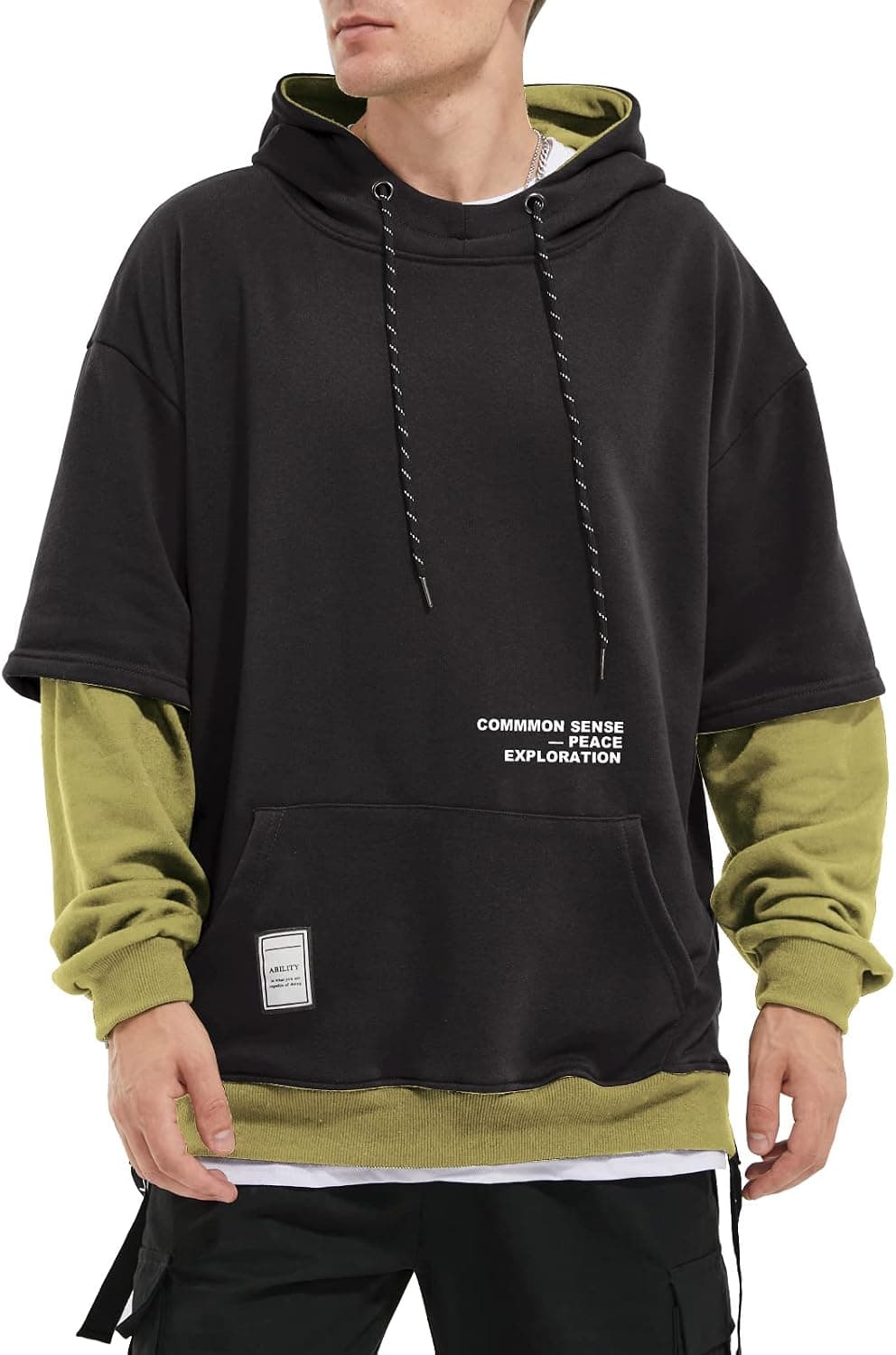 Eocicvvi Hoodie Mens Hooded Sweatshirt Patchwork Casual Pullover Crew Neck Contrast Color with Pocket