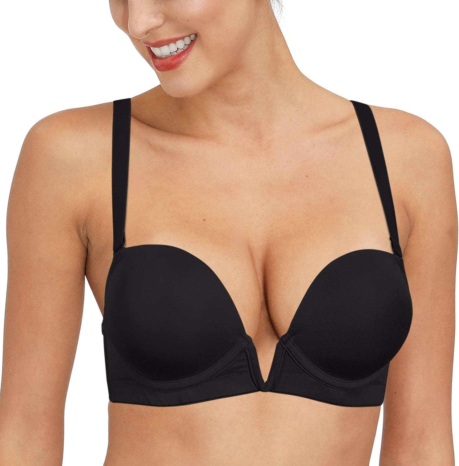 Women's Deep V Plunge Padded Push Up Underwire Bra Low Cut Convertible Brassiere with Clear Straps