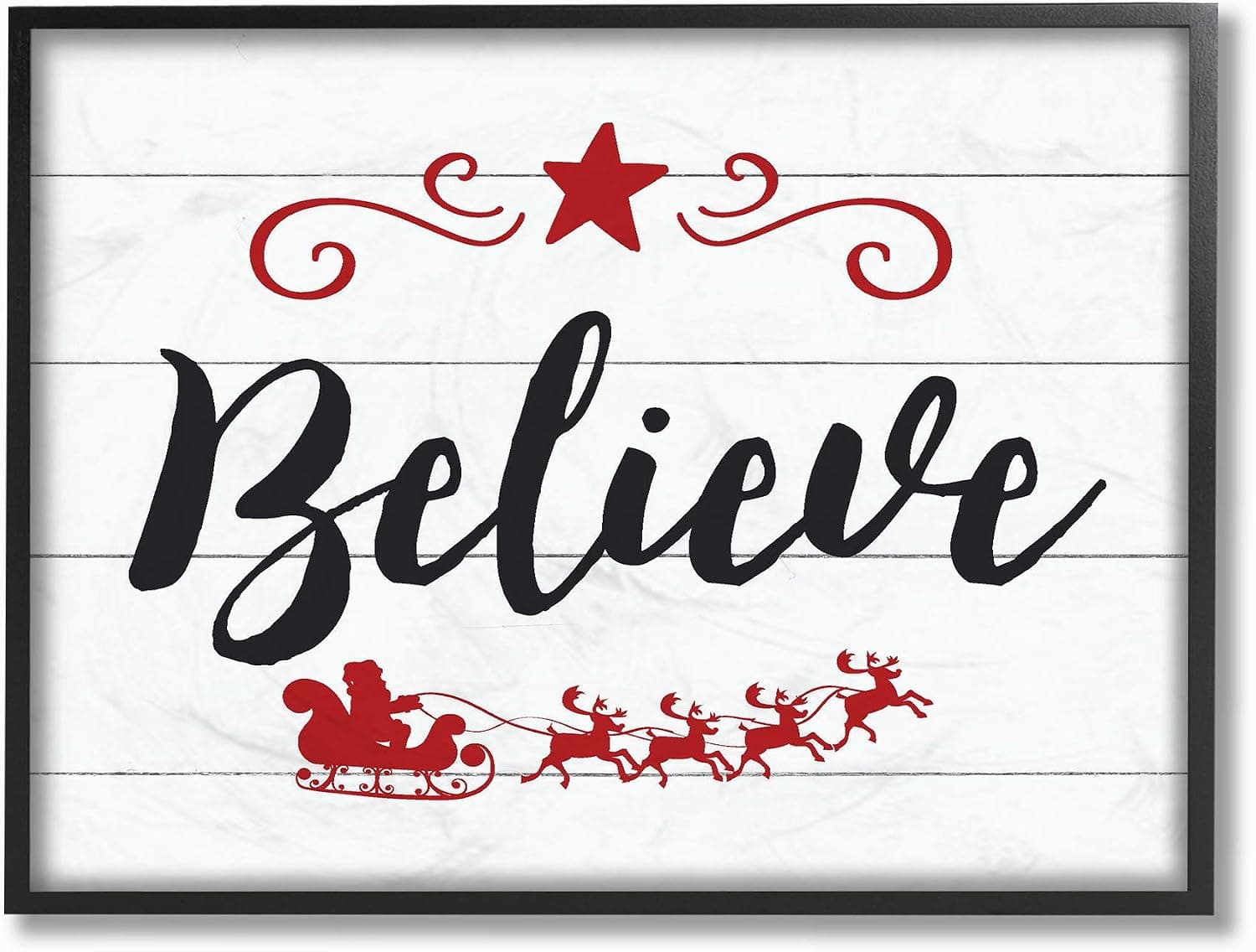 The Stupell Home Décor Collection Holiday Believe Elegant Typography with Red Sleigh and Star Framed Giclee Texturized Art, 16 x 20, Multi-Color