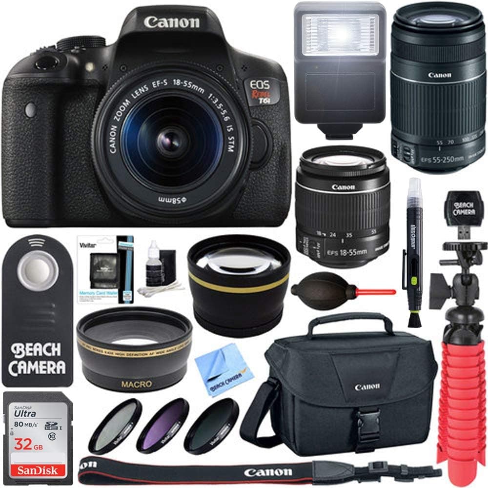 Canon EOS Rebel T6i Digital SLR Camera WiFi + 18-55mm is STM & 55-250mm is II Lens Kit + Accessory Bundle 32GB SDHC Memory + DSLR Photo Bag + Wide Angle Lens + 2X Telephoto Lens +Flash+Remote+Tripod