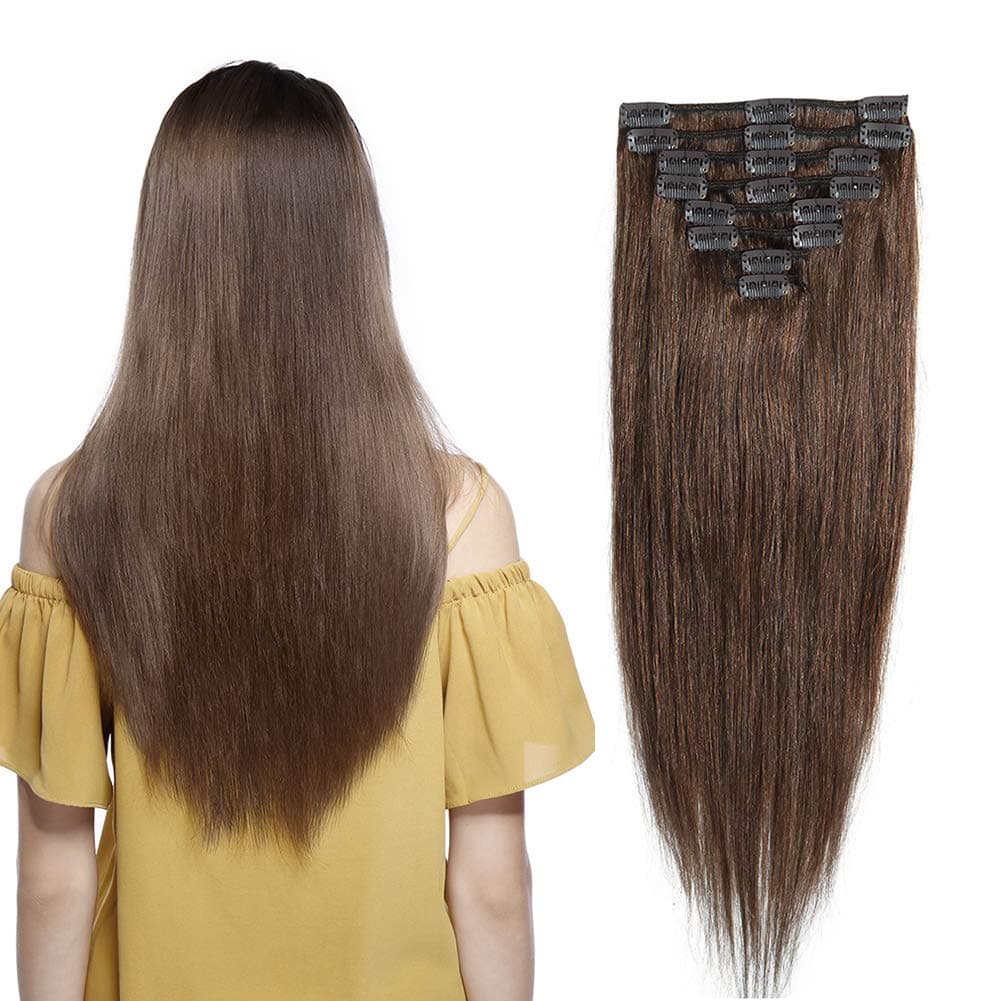 Clip in 100% Remy Human Hair Extensions 16" / 16 inch Grade 7A Quality Full Head 8pcs 18clips Long Soft Silky Straight for Women Fashion 90g #4 Medium Brown
