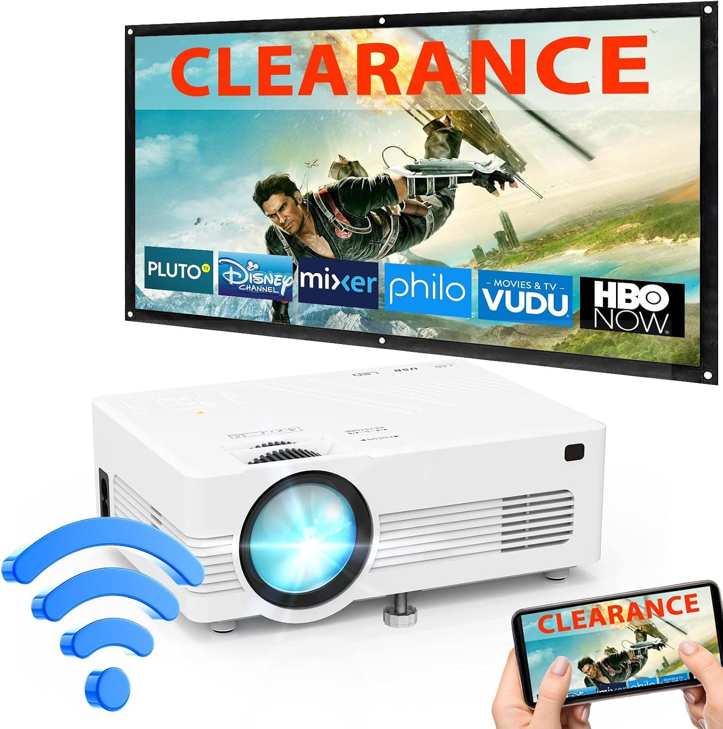 Projector with WiFi, Portable Movie Projector, Mini Projector with Wireless Mirroring for Outdoor Movies, Compatible with TV Stick,HDMI,USB,AV,TF,Laptop,DVD