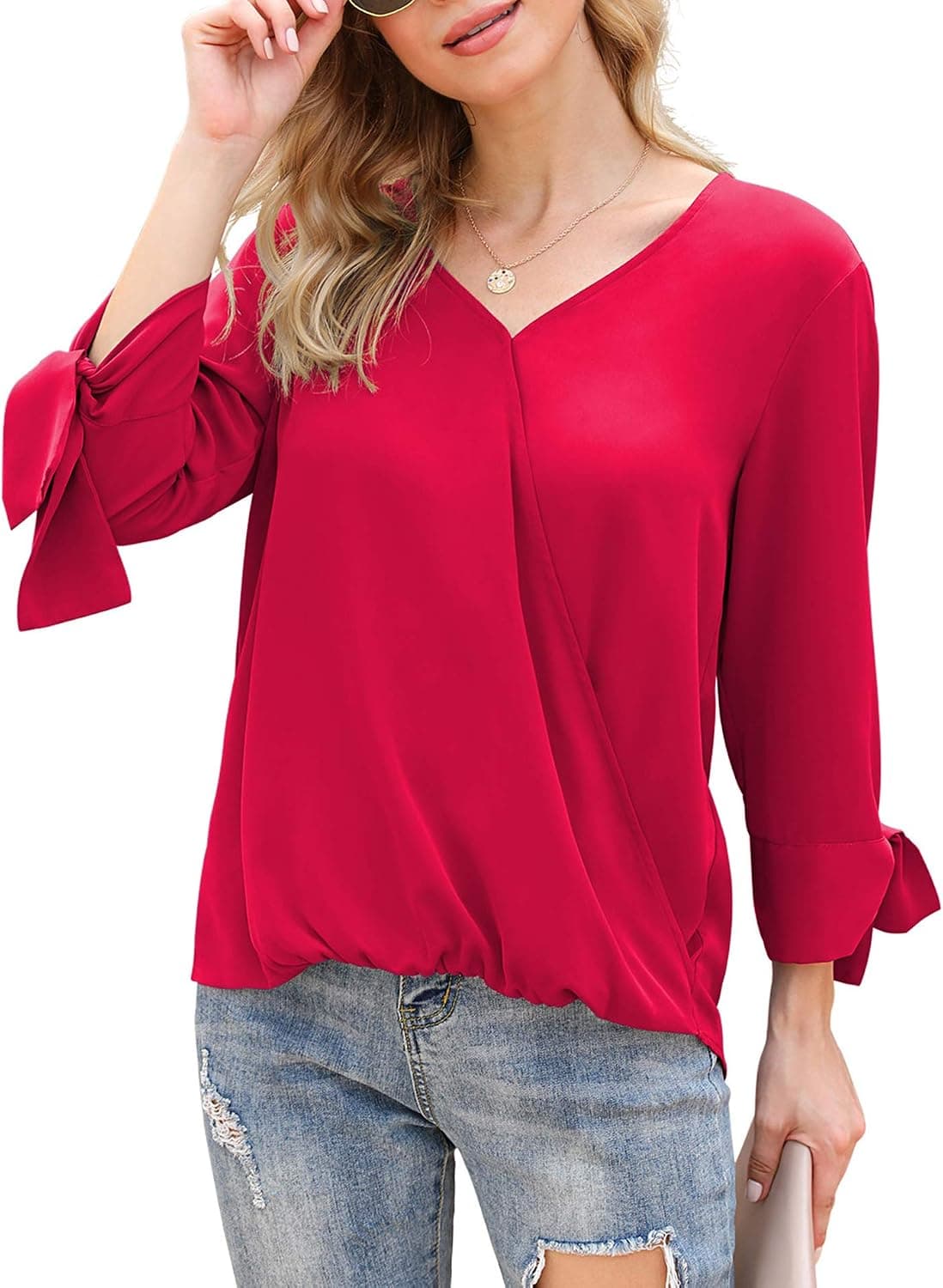 LILBETTER Womens Loose Casual Tie Sleeve V Neck Chiffon Blouses Tops Shirts