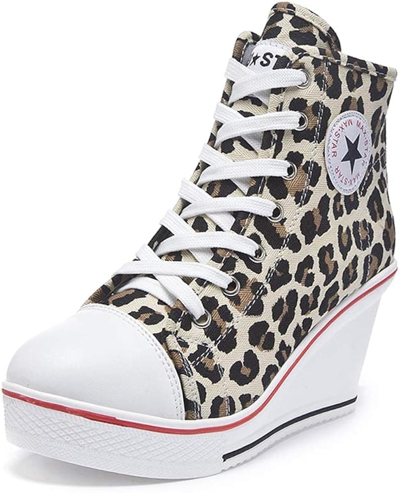Nesyd Women's Sneaker High-Heeled Canvas Shoes High-Top Wedge Sneakers Platform Lace up Side Zipper Pump Fashion Sneakers (7-7.5 B(M) US, Leopard Print)