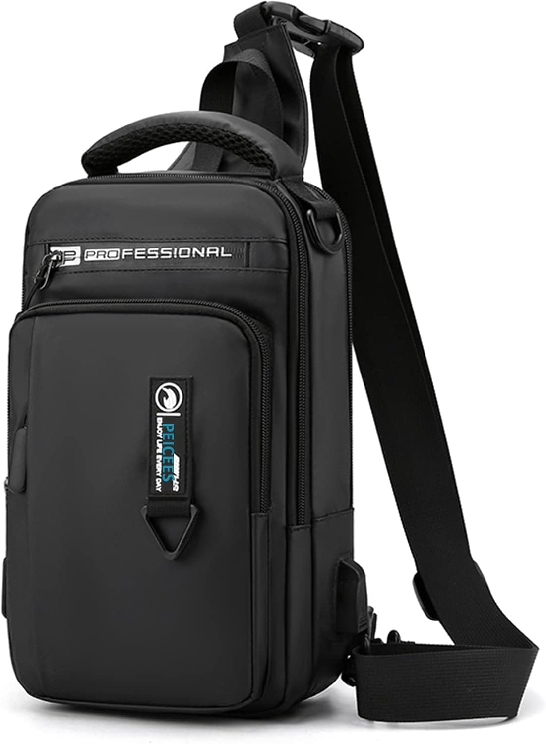 Peicees Small Sling Bag for Men Waterproof Mens Sling Backpack Purse Crossbody Bag with USB Charging Port for Travel Hiking