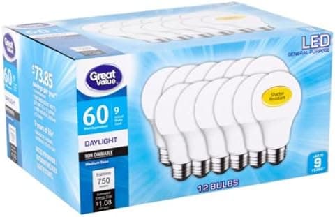 Great Value LED 9 Watts 60 Watt Equivalent Daylight Medium Base Bulbs, 12 Count, 739730