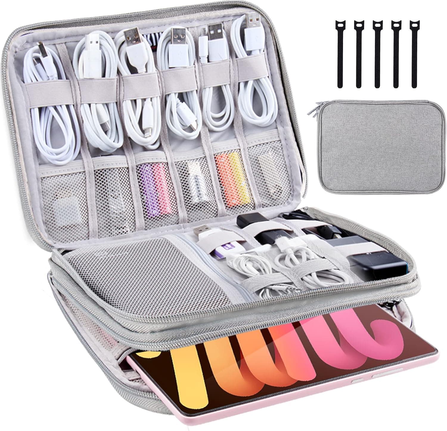 CNPOP Electronics Organizer,Travel Cable Organizer Bag,Water Resistant Double Layers Pouch for Cable,Cord,iPhone,iPad Mini,Gift for Men Electronic Accessories Storage Case with 5 Cable Ties,Grey