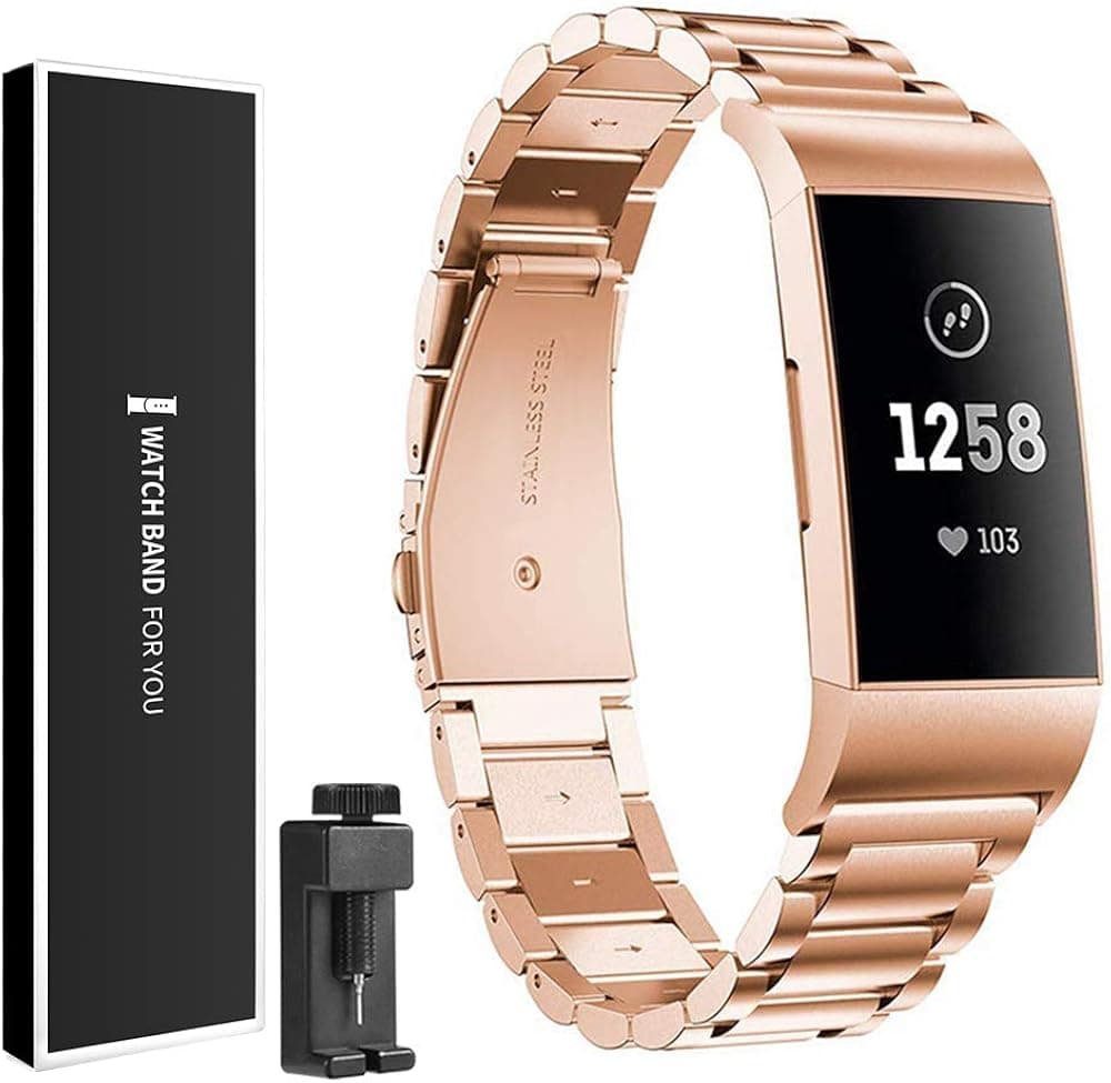 Watbro Stainless Steel Band Compatible with Fitbit Charge 3/Charge 4/Charge 3 SE, Quick Release Solid Metal Stainless Steel Watchband, Bracelet Strap with Folding Clasp, Rose Gold