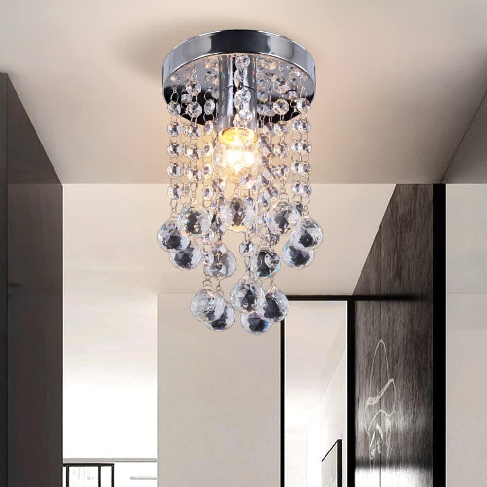 Mini Crystal Chandeliers Crystal Ball Ceiling Light Flush Mount Ceiling Lamp Raindrop Pendant Light for Hallway Staicase Small Room (E26, Chrome)