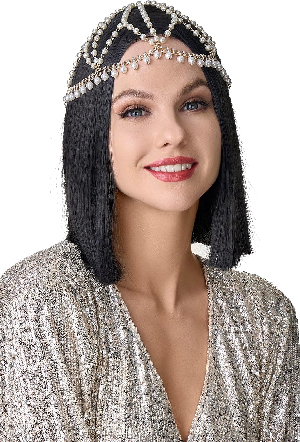BABEYOND 1920s Crystal Cap Headpiece Rhinestone Head Chain Roaring 20s Great Gatsby Hair Accessories for Art Deco Party