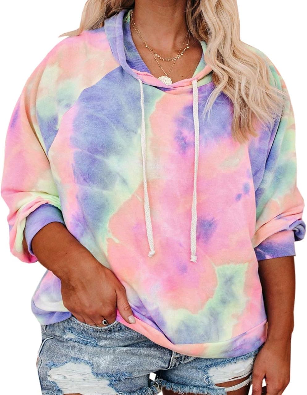 uncinba Womens Hoodies Tie Dye Printed Tops Plus Size Drawstring Color Block Loose Sweatshirts Pullovers Pink