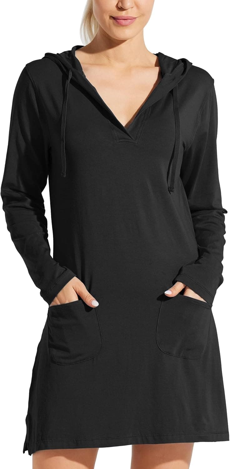 Willit Women's Long Sleeve Cotton Swim Cover Up UPF 50+ SPF Dress Hooded with Pockets Sun Protection Beach Coverup