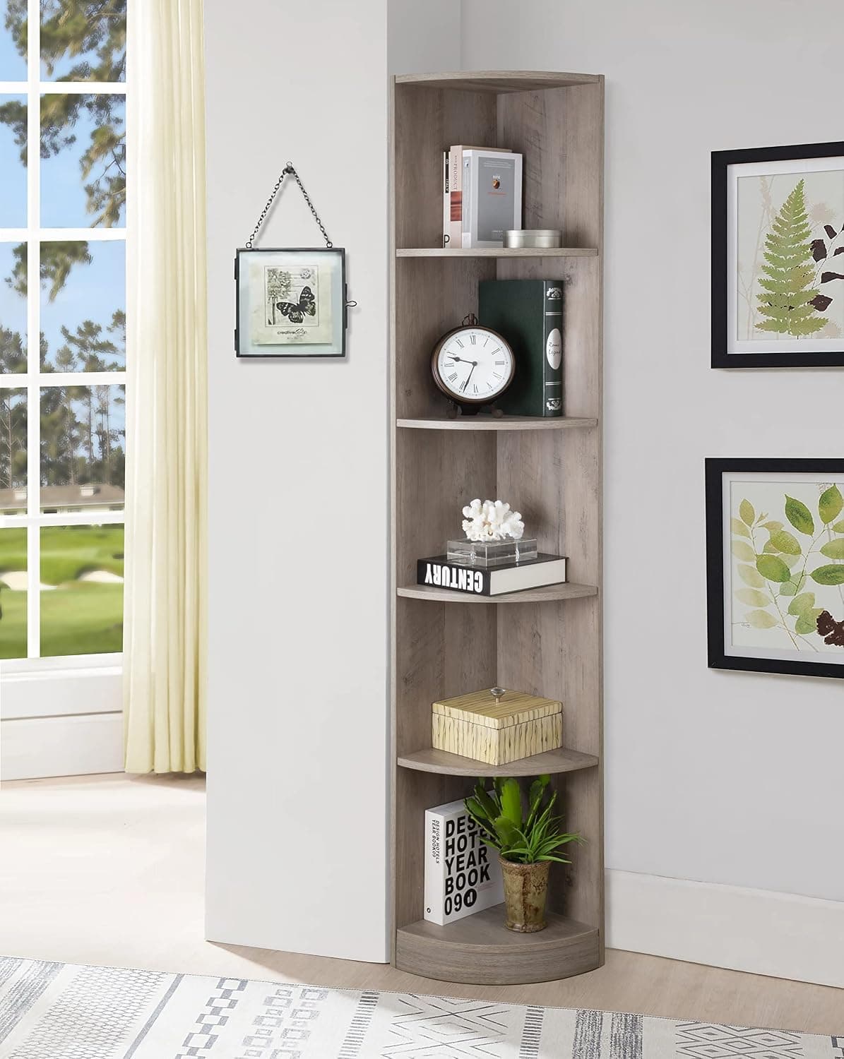 ICE ARMOR 5 Tier Corner Bookcase Wooden Display Bookshelf Storage Rack Multipurpose Shelving Unit for Living Room Home Office in Distressed Natural Wood Finish, (99JET100-2053-1)