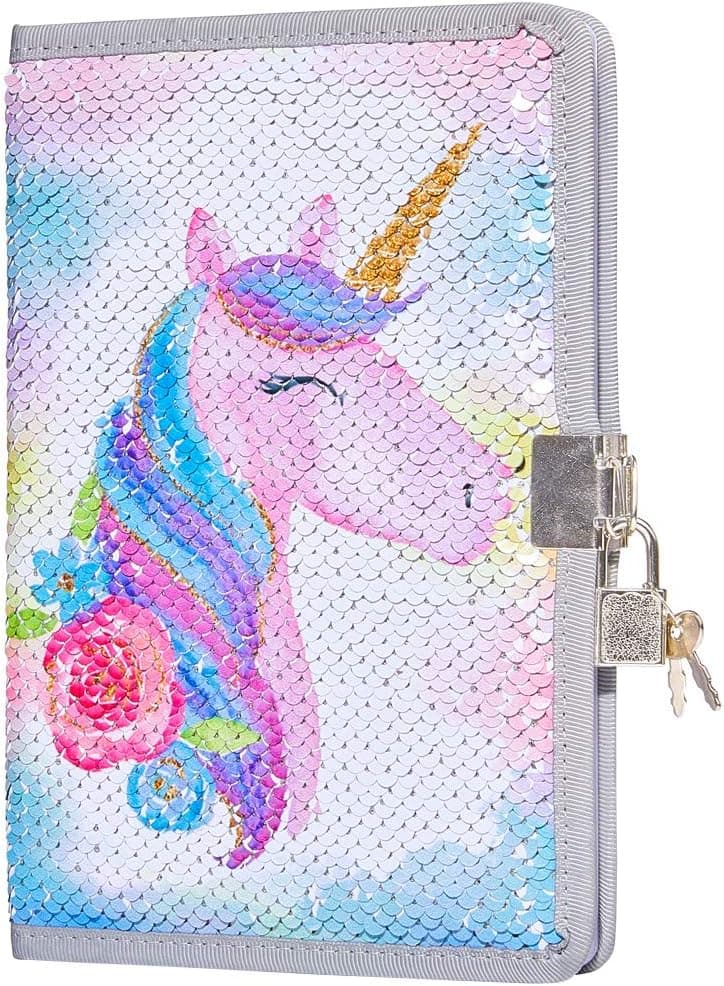 ICOSY Diary for Girls with Lock, Girls Sequin Journal for Kids Girls Secret Diary Unicorn Lined Notebooks for Writing and Drawing