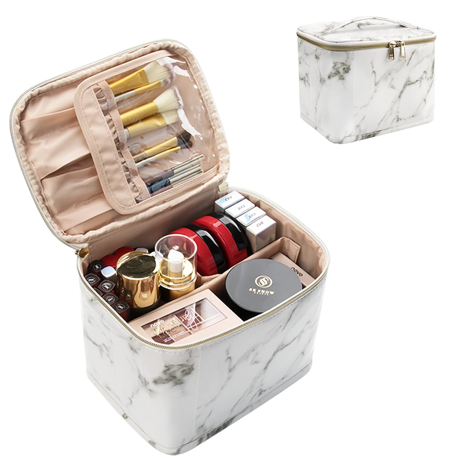 OCHEAL Marble Makeup Bag,Travel Small Cosmetic Bag, Makeup Case Organizer Large Capacity Foldable Vertically Storage with Divider and Handle for Cosmetics Toiletries Brushes Tools-Marble