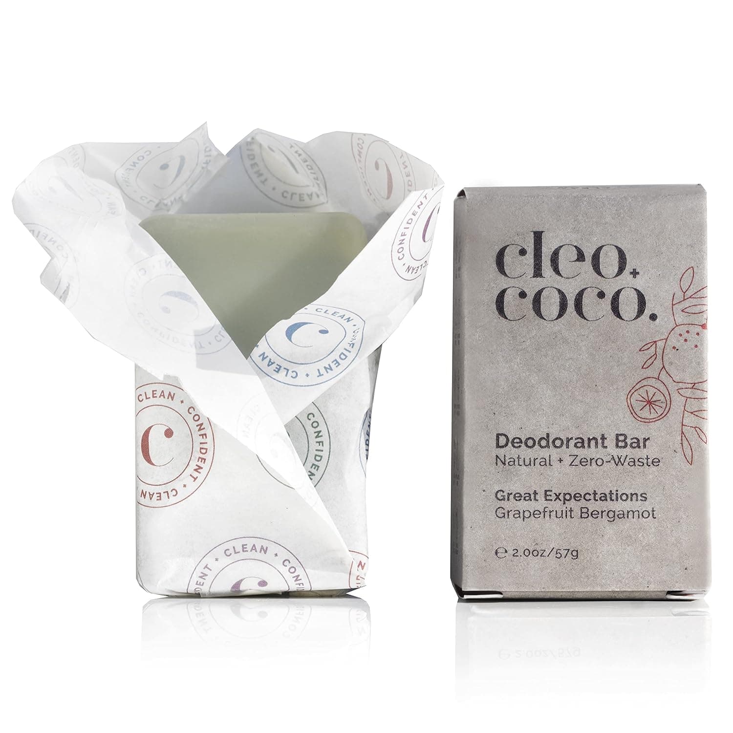 Cleo+Coco Natural Deodorant Bar for Women and Men - Long-Lasting, Aluminum-Free and Made with Organic Coconut Oil - Plastic-Free and Zero Waste Packaging, FSC Certified Recyclable Paper Box - Made in the USA, Grapefruit Bergamot 2.0 oz