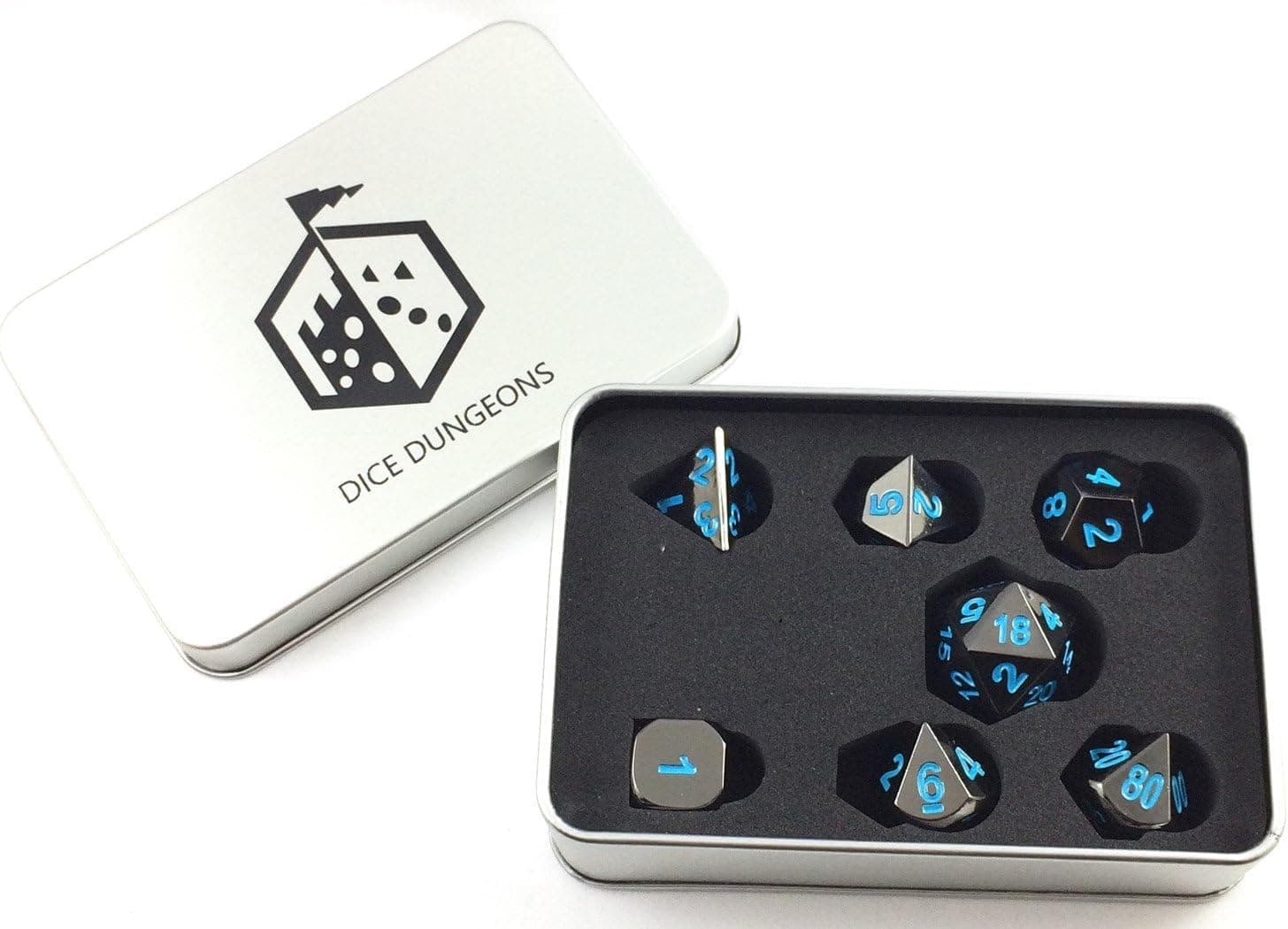 Dice Dungeons Black Frost Metal 7pc Dice Set with Display Case for D&D and Other RPGs