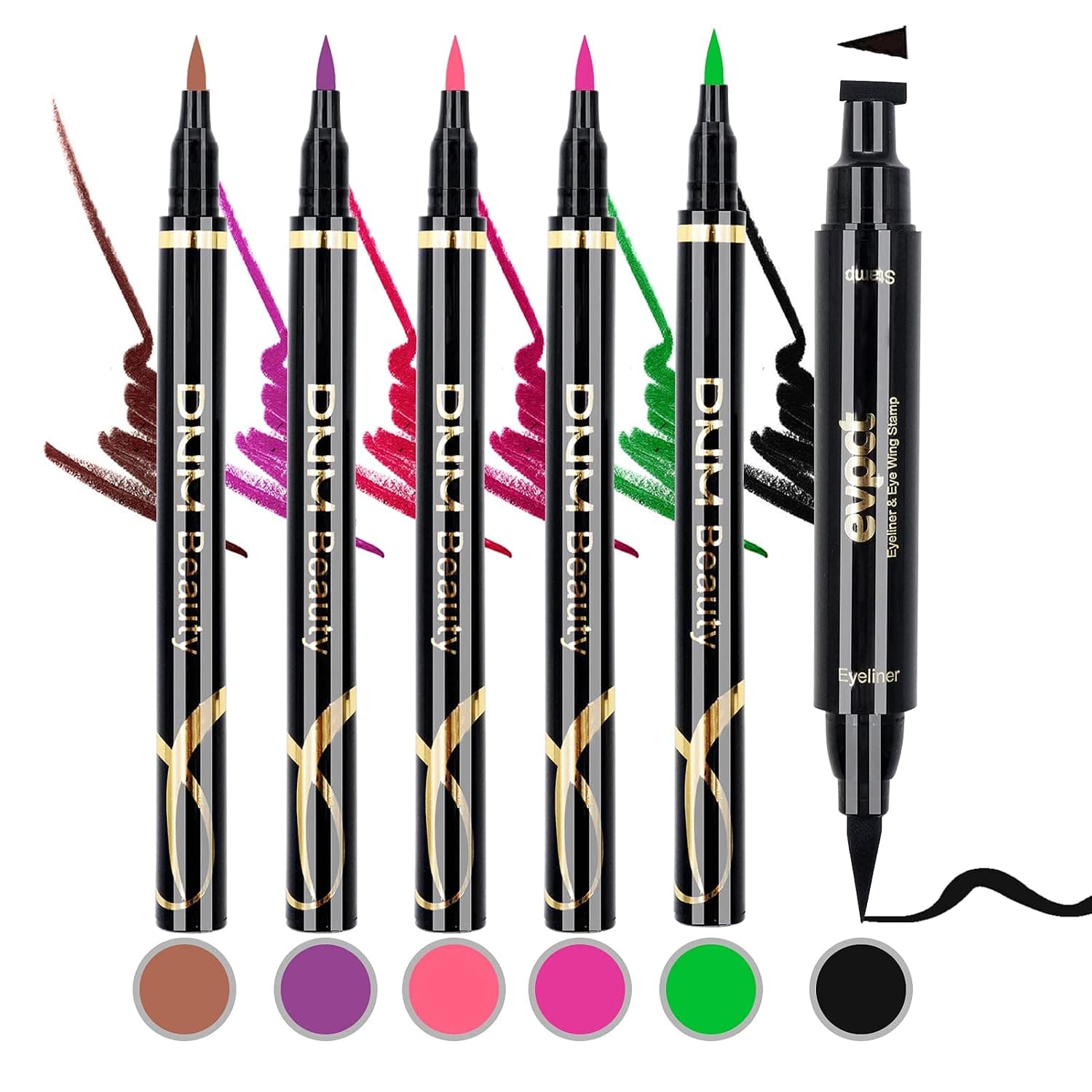 POPMISOLER 6 Pack Colored Liquid Eyeliner Set with 5PCS Waterproof Colorful Eye Liner Pen And 1PCS Eyeliner Stamps, Eye Shadow Pencil Long Lasting Smudgeproof Eyeliner Pen Makeup Kit for Women Girls