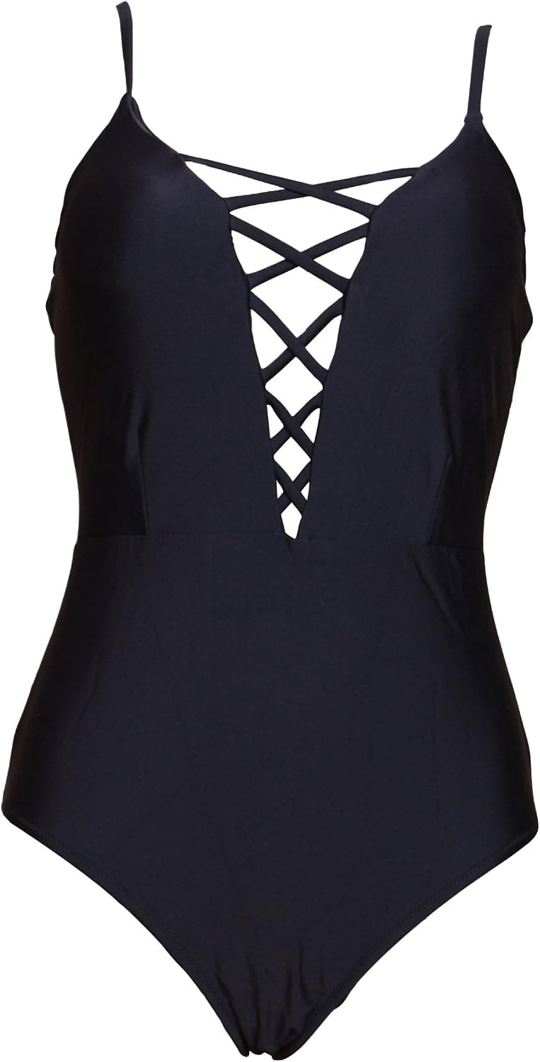 One Pieces Solid Floral Lace Up Pin Up Sexy Women Front Strappy Cross Swimwear