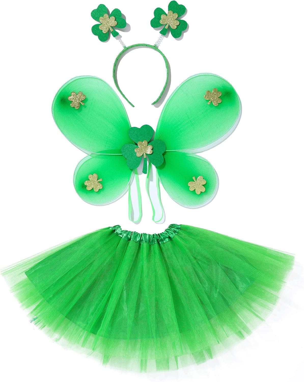 JiaDuo Girls Toddler St Patricks Day Tutu Costume Green Shamrock Fairy Wings with Headband Party Accessories 2-6 Years