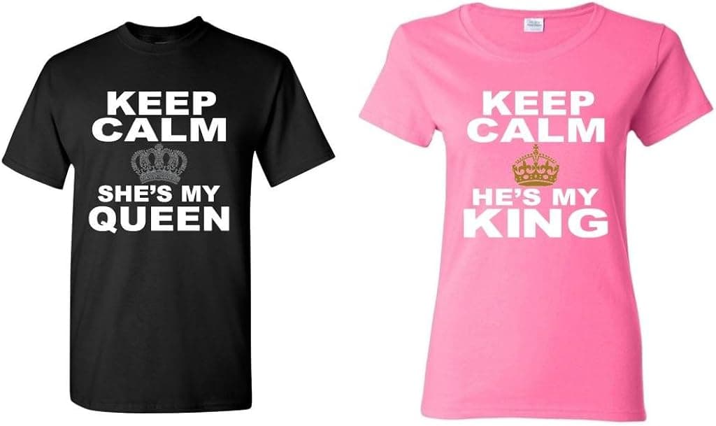 Couple matching Keep Calm She's My Queen - He's My King T-shirt -- Men 2XL Black// Women Medium Pink