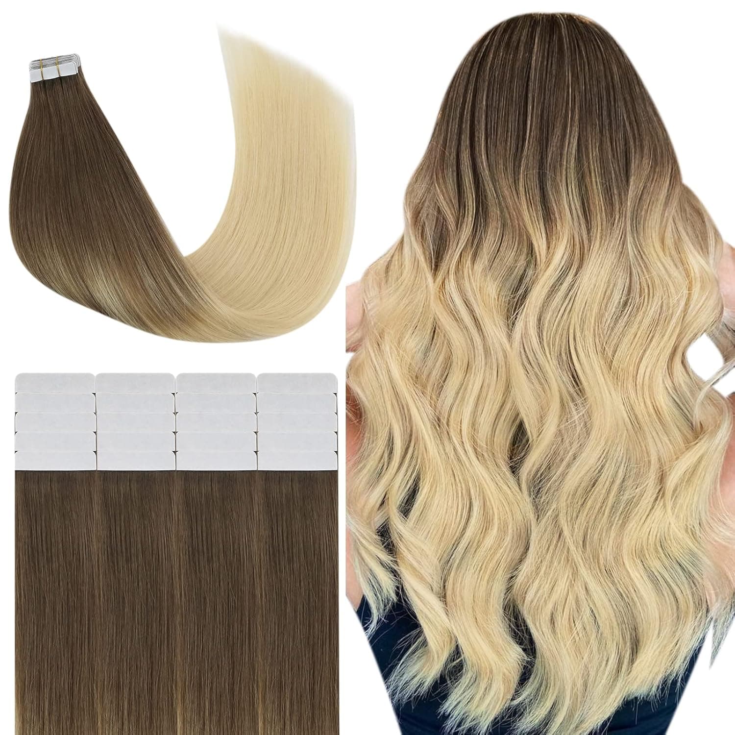 Tape in Hair Extensions Human Hair Blonde YoungSee Remy Hair Extensions Real Human Hair Tape in 16inch Balayage Tape in Hair Extensions Light Brown to Platinum Blonde Hair Extensions Tape 20PCS