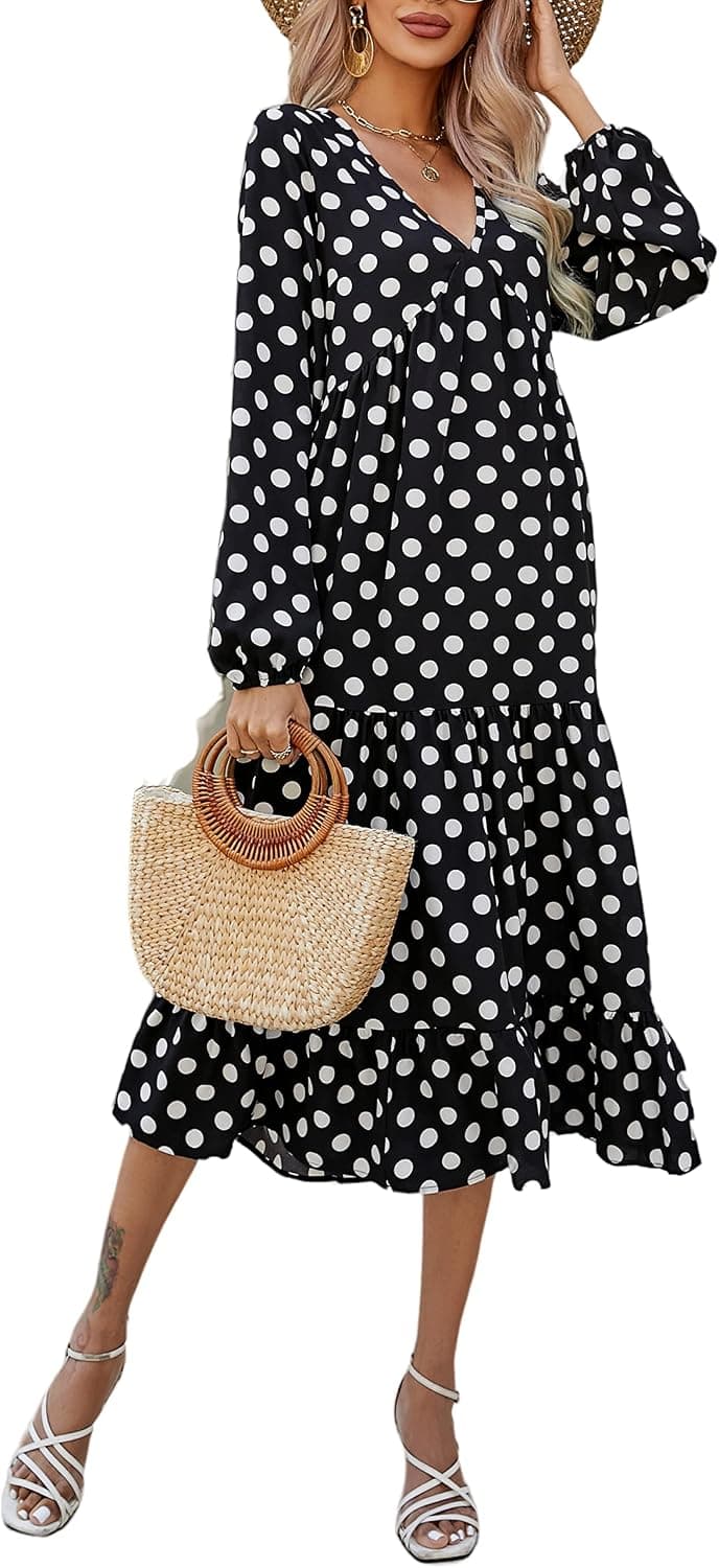 Gyrans Womens Bohemian Polka Dots V Neck Long Sleeve Maxi Dress Casual Loose Swing Flowy Long Dresses with Pockets