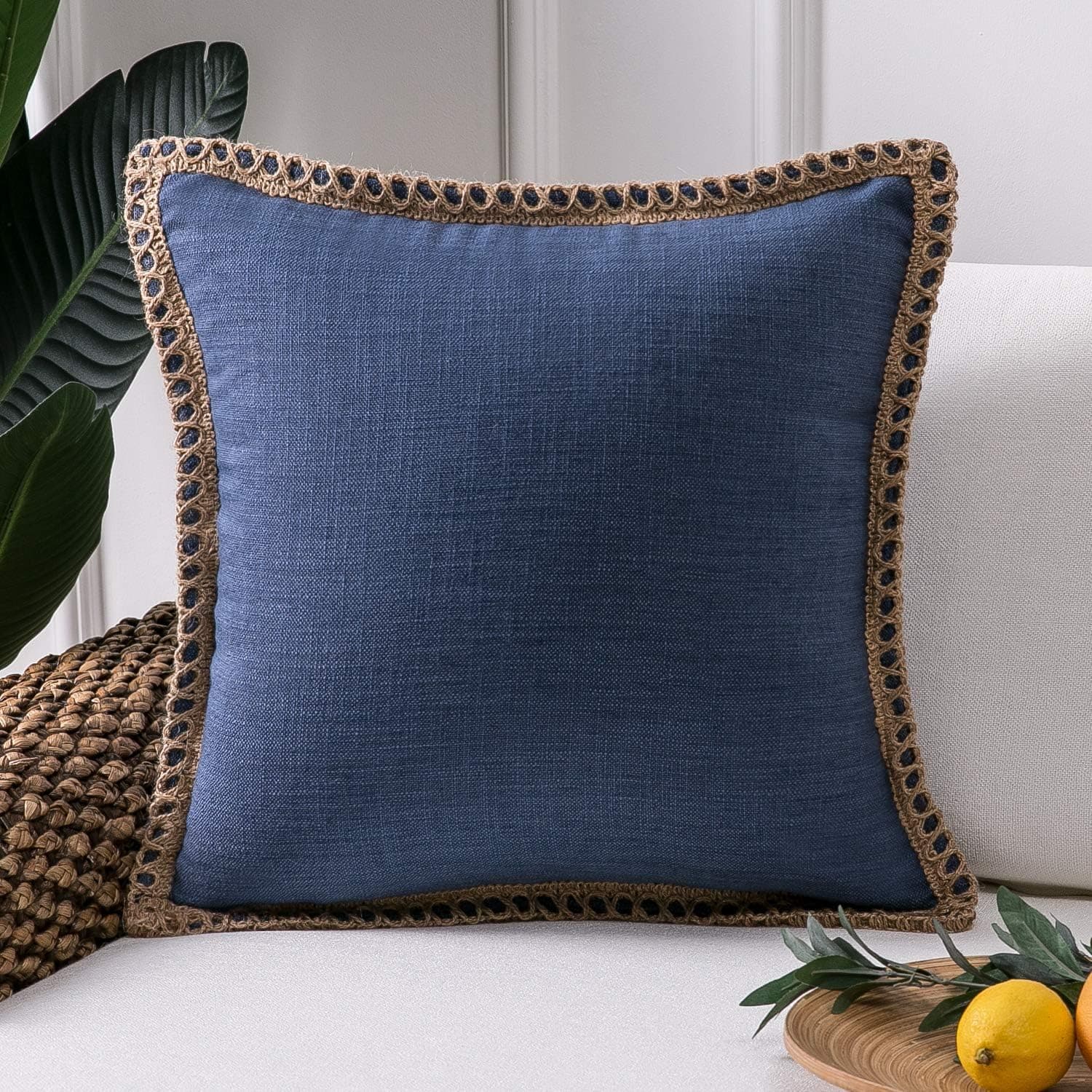 Phantoscope Farmhouse Decorative Throw Pillow Cover Burlap Linen Trimmed Tailored Edges Outdoor Pillow Navy Blue 20 x 20 inches, 50 x 50 cm