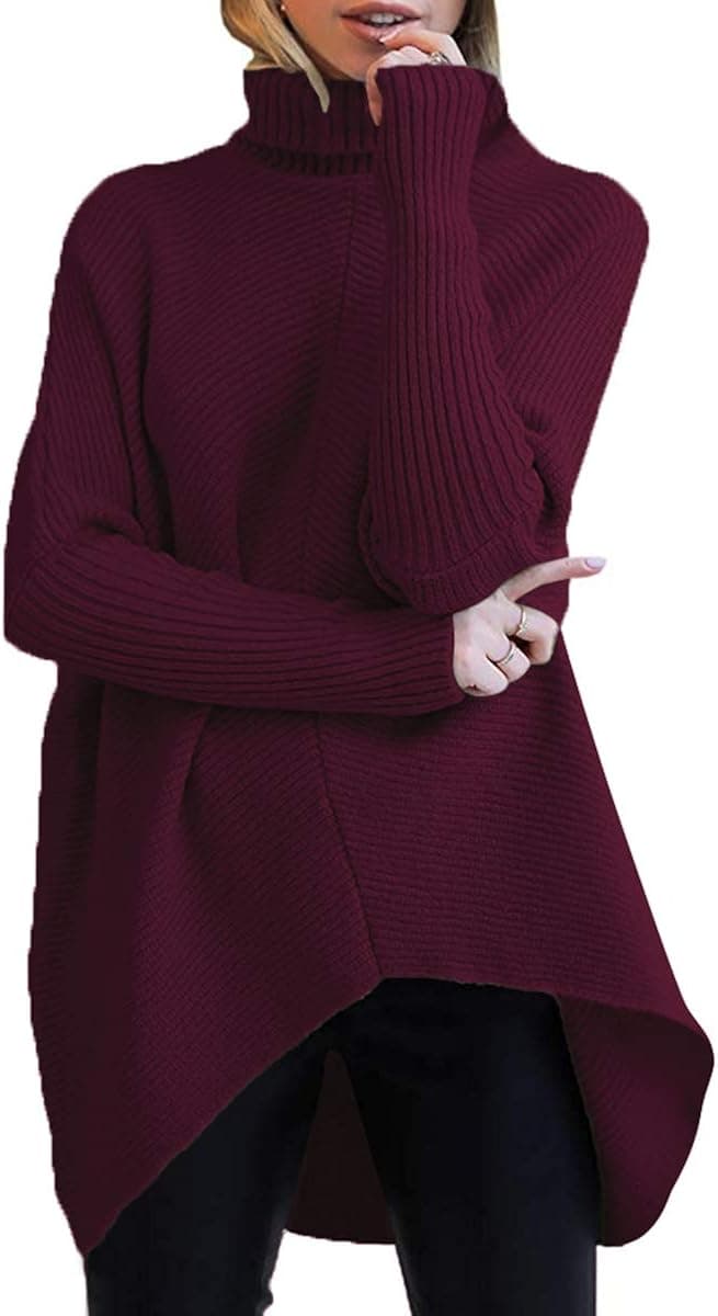 Caracilia Womens Turtleneck Long Sleeve Sweater Irregular Hem Casual Pullover Knit Tops