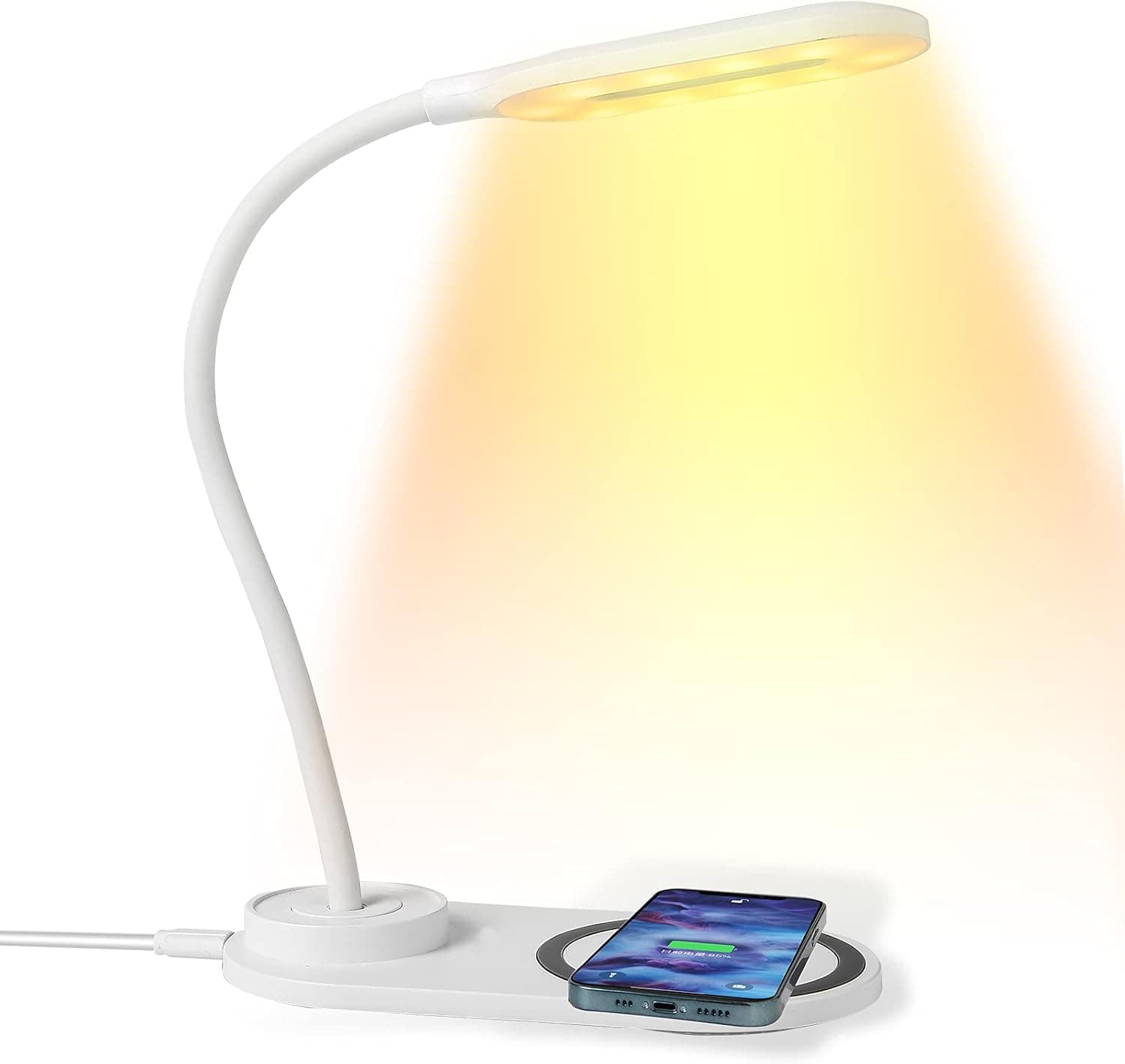 LED Small Desk Lamp for Home Office with Wireless Charger Adjustable Reading Light 3 Color Modes Dimming Touch Table Lamp for Bedroom Bedside Desktop Study Work Room (White)