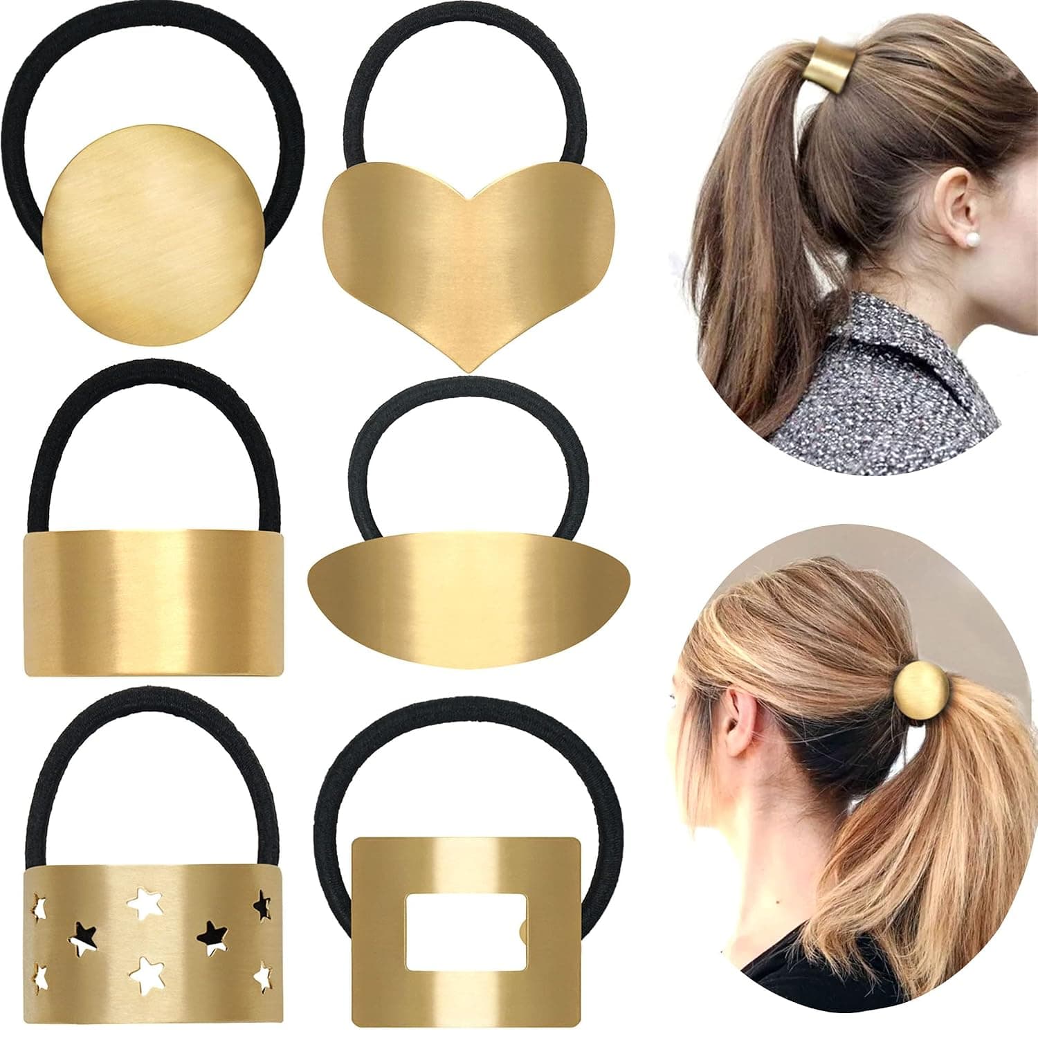 6 Pieces Gold Metal Hair Ties Metal Circle Ponytail Holder Punk Cuff Elastic Rope Hair Accessories for Women Girls