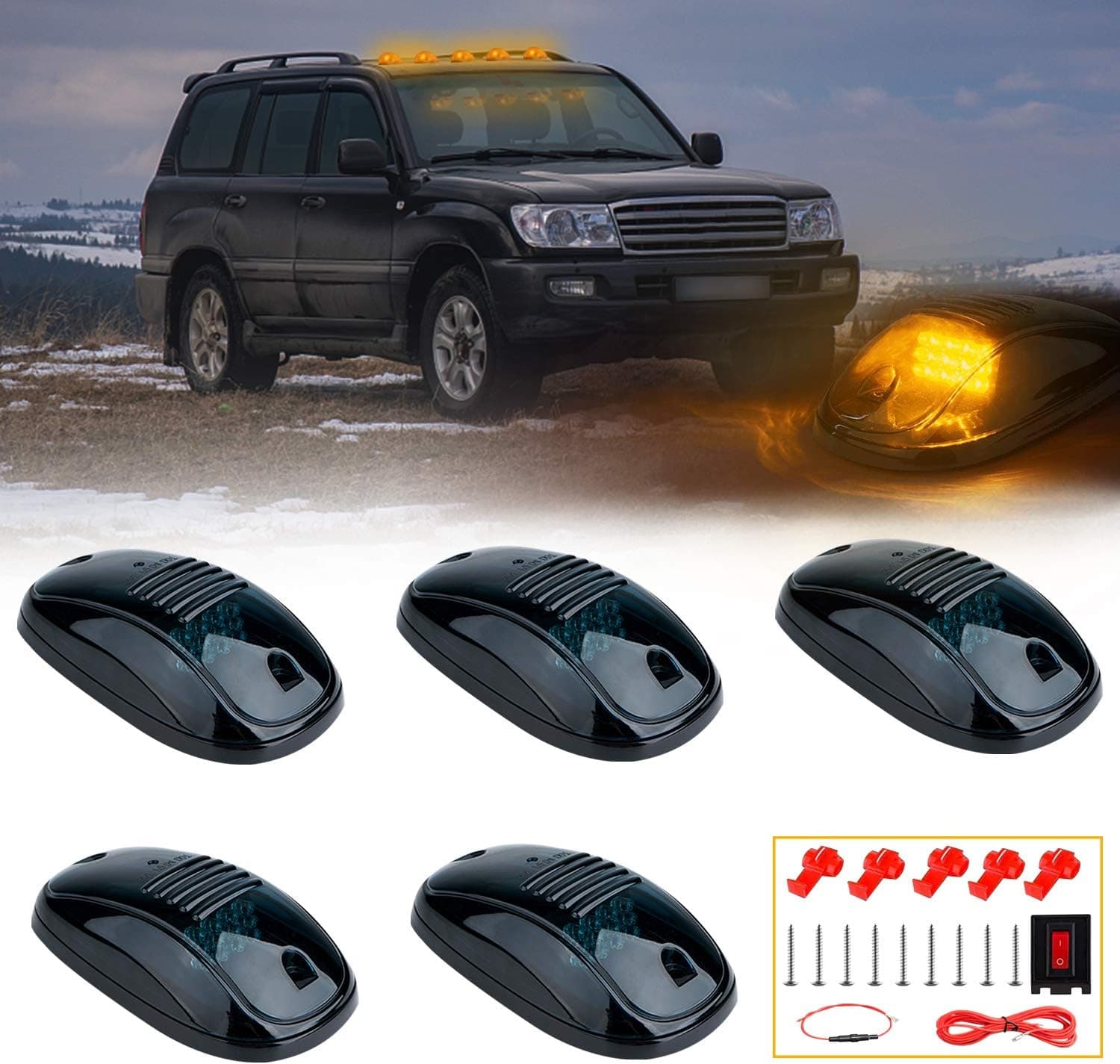 XTAUTO 12 LED Cab Roof Marker Lights Roof Top Running Lamp Clearance Lights Replacement for Dodge Ram Trucks SUV POV Pickup Black Smoked Lens With Amber LED 5-pack