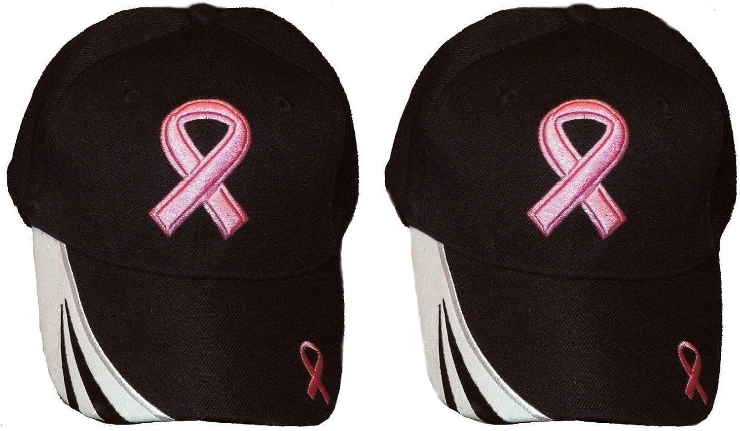 Y&W Headwear Set of 2 Breast Cancer Awareness Pink Ribbon Baseball Caps Hats/Pink on Black