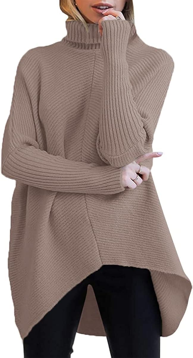 ANRABESS Womens Turtleneck Long Batwing Sleeve Asymmetric Hem Casual Pullover Sweater Knit Tops