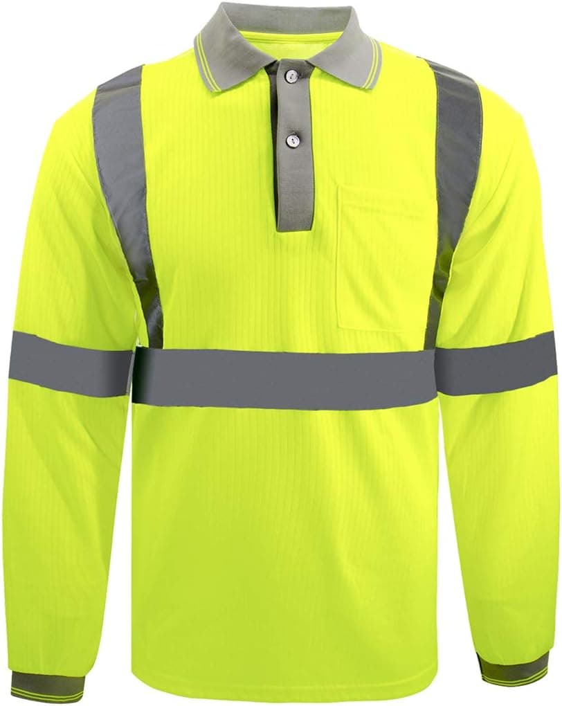 Classic Safety High Visibility Long Sleeve Breathable Polo Shirts Bright Reflective Construction Protective Clothes for Mens & Women (2XL) Yellow