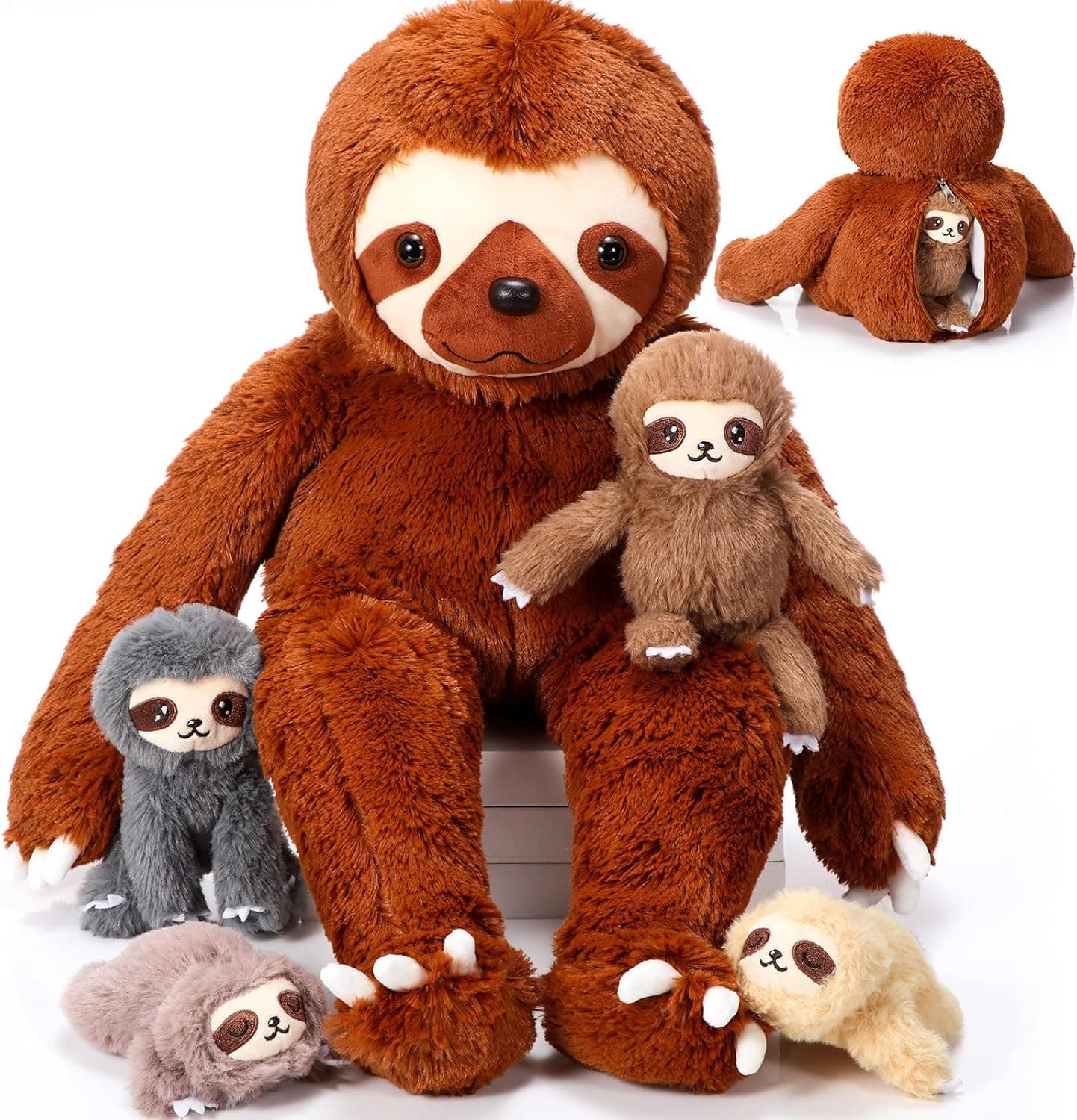 Kasyat 5 Pcs Sloth Plush Toy Set 1 Mommy Sloth Stuffed Animal with 4 Cute Plush Babies in Her Belly for People Over 6+