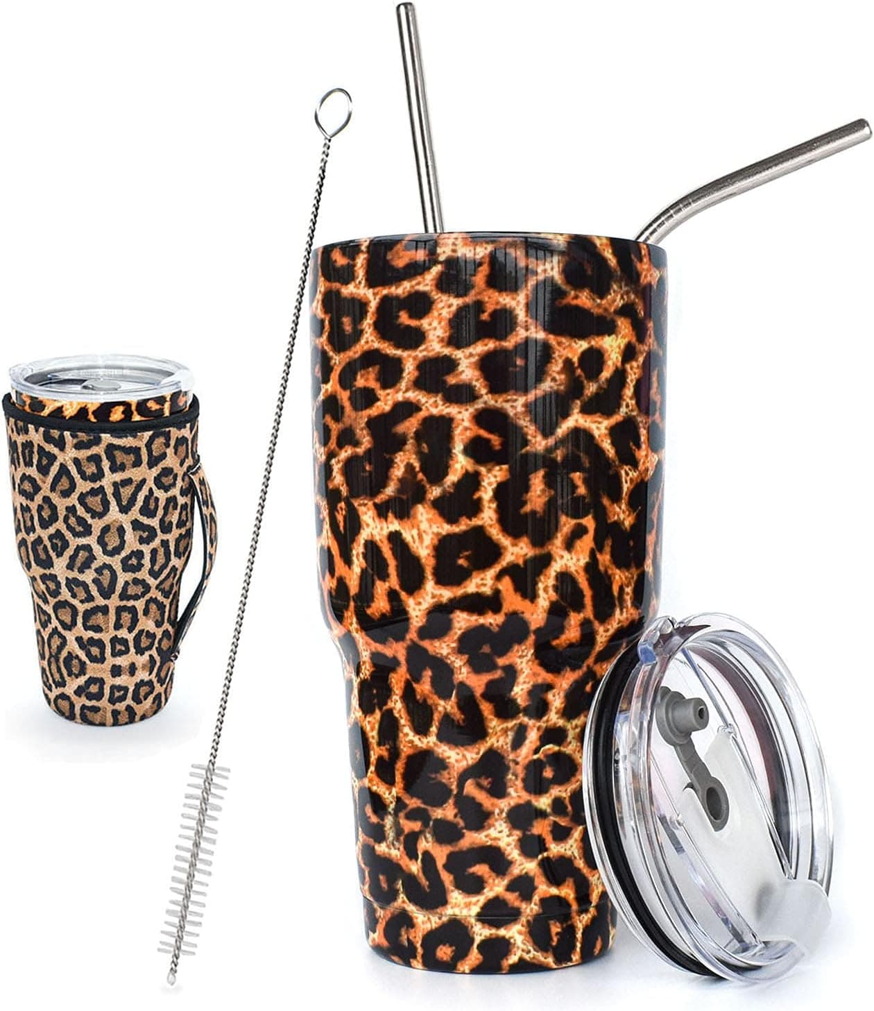 CHIUTUUY 30 oz Tumbler with Lid and Sleeve, Double Wall Vacuum Stainless Steel Insulated Leopard Travel Mug Coffee Cup with Neoprene Iced/Hot Coffee Beverage Sleeve