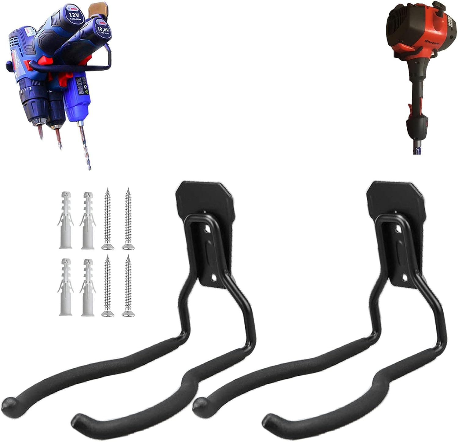 Peony River Garden Power Tool Hanger, Garage Wall Hooks, Weedeater Rack, String Trimmer Holder for Wall, Utility Hooks Organizers and Storage (2 Pcs) Black 2 Pieces CEH003