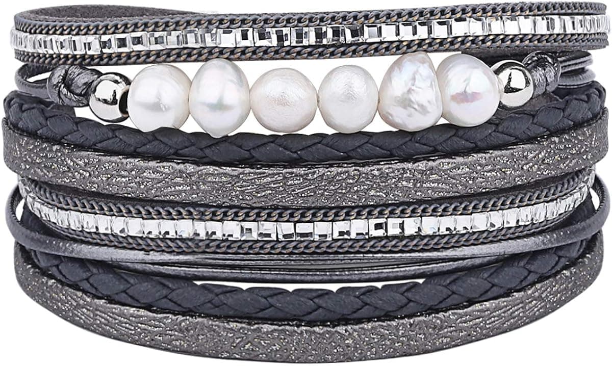 Leather Wrap Bracelets for Women, Multilayer Boho Double Wrap Bracelet Marble Beads Boho Wrap Bracelet Magnetic Clasp Cuff Bracelet Bohemian Jewelry Gift for Women