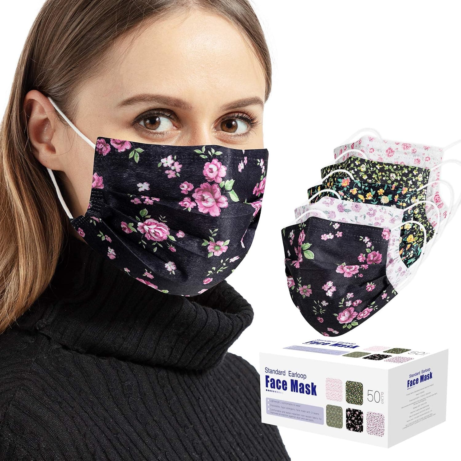 DXLOVER Disposable Floral Masks, 50 pcs of 3-Layer Elastic Masks and Elastic Ear Hooks, Breathable Masks-Prevent dust and air Pollution and Protect Family Health